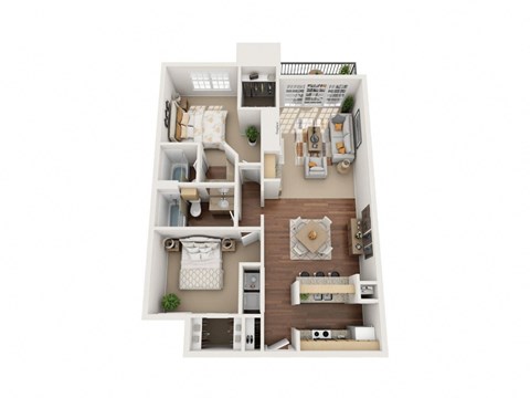 A top-down view of a small apartment with a kitchen, living room, and bedroom.
